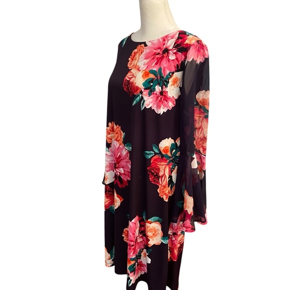 J.Howard Shift Dress Size 12 Black Floral Long Sheer Bell Sleeves Flowy Church - Picture 11 of 12